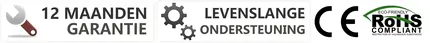 12 maanden garantie voor LED NTP binnenklok, levenslange ondersteuning, CE- en RoHS-symbolen.